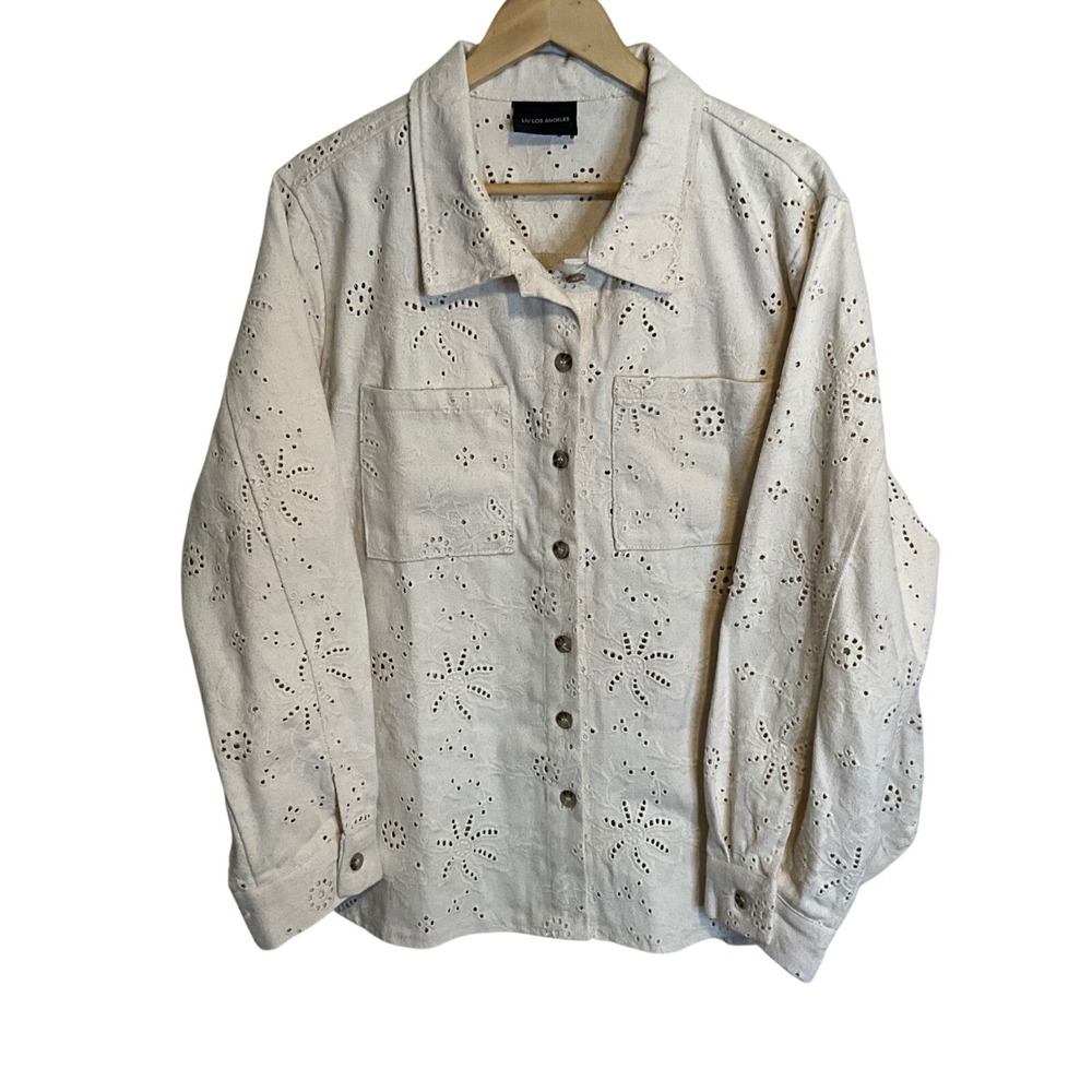 LIV LOS ANGELES Eyelet Button Up Denim Shirt Cream Long Sleeve Womens Hipster